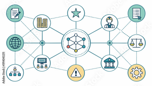 Network of icons representing various concepts connected to a central atom symbol, illustrating relationships and complexity in a simple, pictogram-style graphic