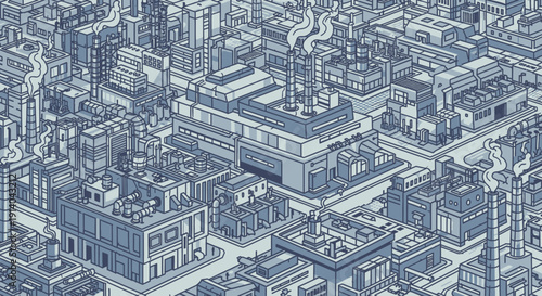 Industrial cityscape with smokestacks and factories