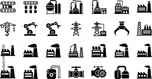 Large collection of black flat icons featuring industrial factories technology systems artificial intelbols for business