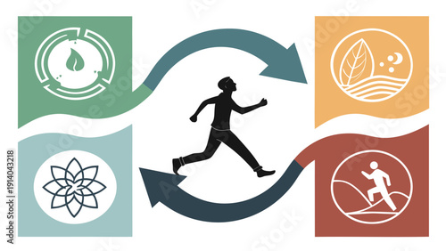 A person running surrounded by four pictograms representing nature and wellness in a circular flow