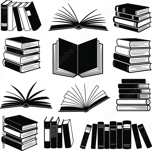 Book icon set silhouettes isolated on white background, open and stacked books for education, library, reading, publishing, learning concepts, design