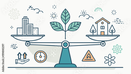 Sustainable development balance between urban growth and nature conservation illustrated on a scale