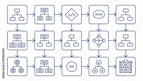 Iconographic flowchart illustrating process steps and connections in a pictogram style, showcasing various symbolic representations and icons.
