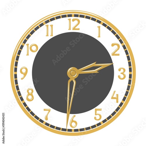 Elegant vintage round wall clock with gold hands and numbers isolated on white background