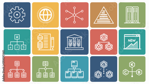 Collection of colorful icons representing various concepts and ideas in a grid layout