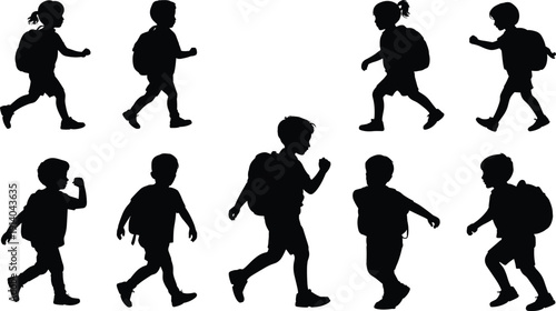 Children silhouette illustration showing school kids walking with backpacks education childhood activity collection isolated on white background