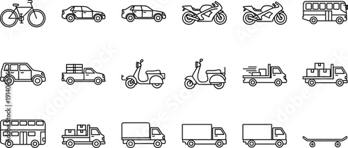 Large collection of linear vehicle icons featuring bicycle cars motorcycles bus suv delivery trucks scooters double decker bus and skateboard for transportation and logistics