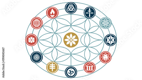 Interconnected symbols and icons in a circular pattern representing various faiths and cultures