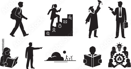 Business Career Growth and Development Silhouette Icons Set