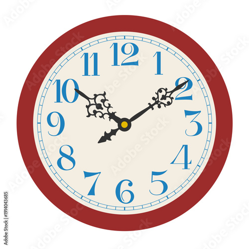 Vector red classic round  wall clock isolated on white background