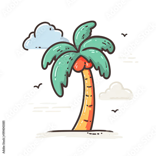 Cartoon palm tree with stylized clouds and birds against a black background