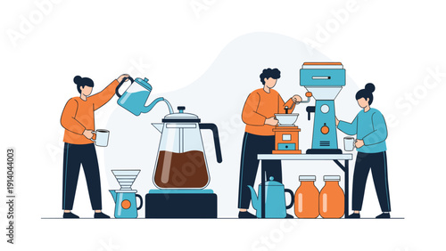 Group of people work together in a modern coffee laboratory to prepare high-quality brews using specialized equipment and techniques.