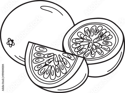 Beautiful black and white line art illustration depicting a whole passion fruit alongside a perfectly halved section and an additional tempting slice ready for eating or coloring.