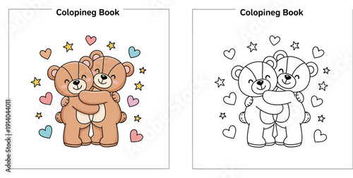Adorable Hugging Bear Couple with Hearts and Stars: A Cute Coloring Book Design