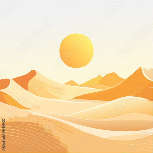 Vast golden desert landscape bathed in the warm glow of the setting sun, featuring sweeping sand dunes under a clear sky illustration