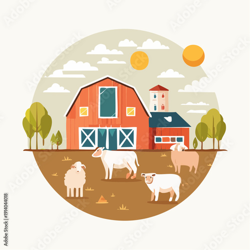 Farm animals grazing near a barn with trees and sunshine in a pastoral landscape
