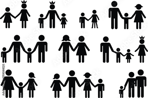 Family silhouette icon set showing parents children relationships love unity diversity modern pictogram illustration isolated on white background