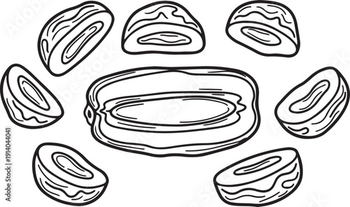 Black and white illustration of a pile of sliced bagels or buns arranged in a circular pattern on a white background