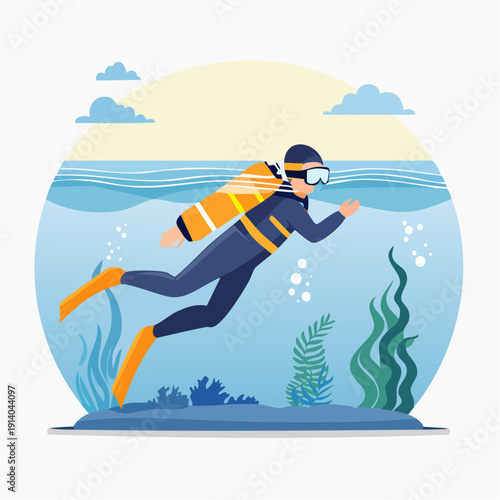 Flat Vector Illustration of a Scuba Diver Exploring the Vibrant Underwater World with Marine Plants and Bubbles