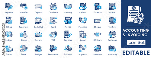 Accounting and invoicing icon set. Vector collection including e-filing, paperless billing, offshore, audit, pay link and tax rate symbols.