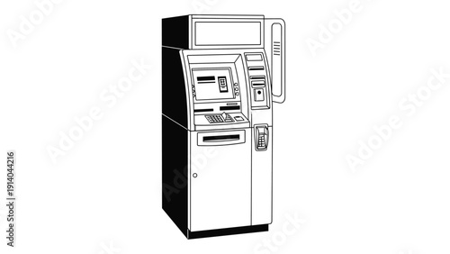 Detailed line drawing of an automated teller machine or ATM stands against a plain background, representing banking and financial services.
