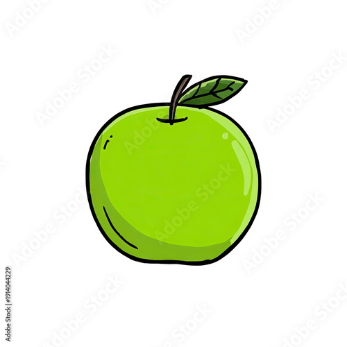 A vibrant green fruit with a small stem and leaf. Graphic with bold outlines, set against black