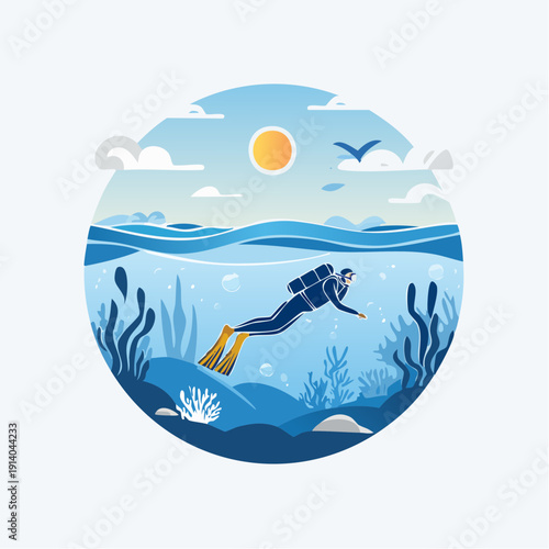 Vibrant Underwater Adventure A Scuba Diver Explores the Serene Ocean Depths Under a Sunny Sky
