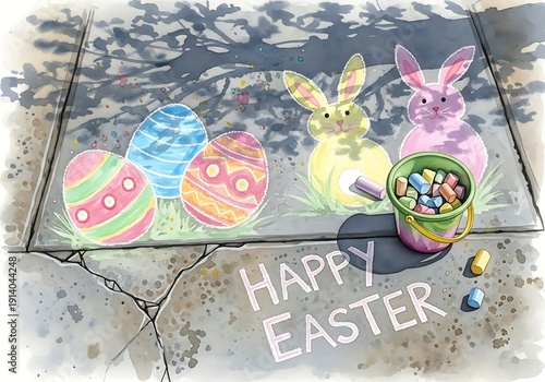 Watercolor easter art happy easter chalk drawing with bunnies and eggs