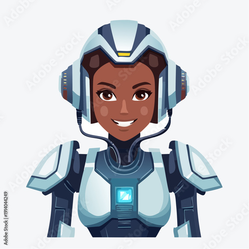 Digital illustration of a confident diverse woman in futuristic exoskeleton representing advanced technology and innovation concept
