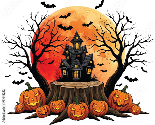 A spooky haunted house on a tree stump surrounded by pumpkins and bats.