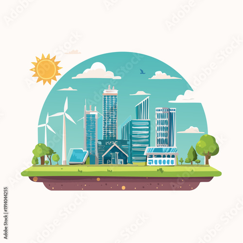 Sustainable urban cityscape with renewable energy sources and green spaces