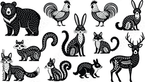 Forest animal silhouette collection illustration isolated on white background, bear deer rabbit fox rooster woodland wildlife design elements set