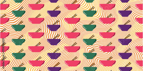 Repeating ramen bowl illustration with chopsticks in modern minimalist pop-art style