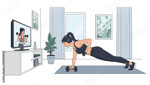 Determined woman performs a plank exercise with dumbbells on a yoga mat at home while following a workout tutorial on her television screen.