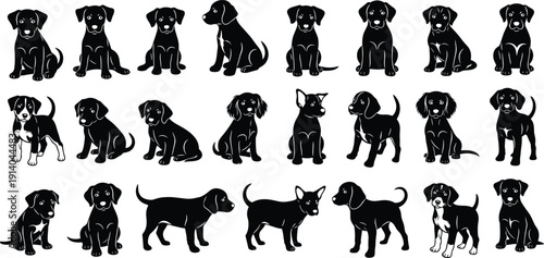 Black vector silhouette set of various domestic dog breeds and puppies sitting and standing for pet shop veterinary clinic animal shelter and canine branding,