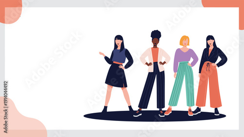 Four fashionable and diverse women stand together in stylish outfits, representing confidence, female empowerment, and modern street style.