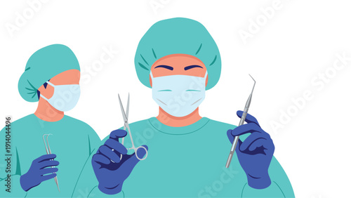 Team of professional surgeons wearing scrubs, masks, and caps hold various surgical instruments ready for a medical procedure in a hospital.