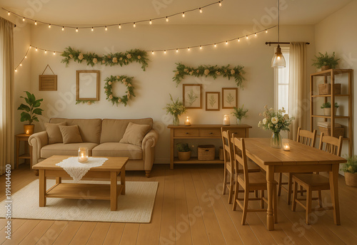 Cozy rustic living and dining room with festive string lights and natural wooden furniture