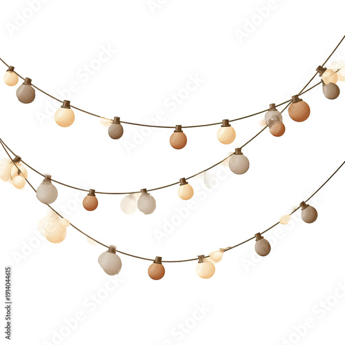 Illustration of several strings of warm-toned bulb lights. Dark background