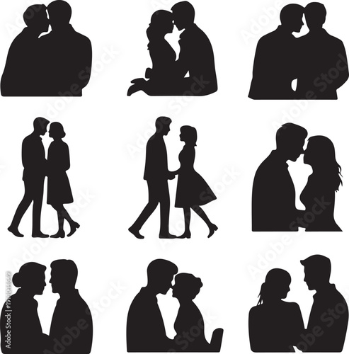 black silhouettes of couples in various romantic poses on white background