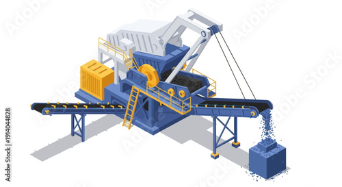Industrial machinery with conveyor belts and processing equipment.