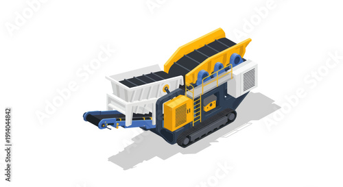 3D rendering of a mobile crushing machine for quarrying and mining operations.