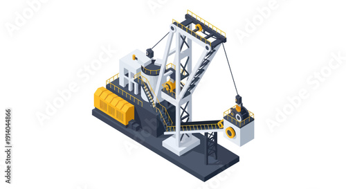 3D illustration of industrial machinery equipment with conveyor belt and crane.