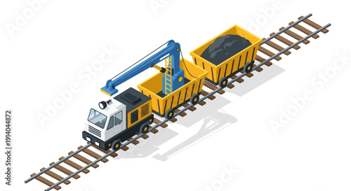 Isometric illustration of a train with a crane truck on railway tracks.