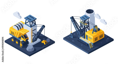 Isometric Oil Rig and Drilling Equipment Illustration.