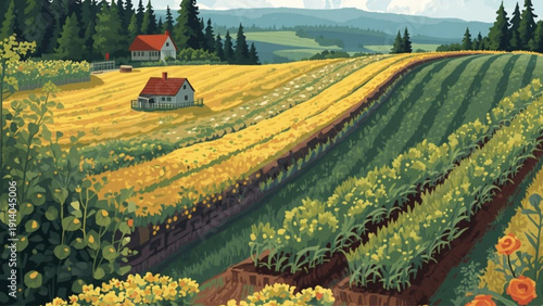 Serene countryside landscape with farmhouse and blooming fields