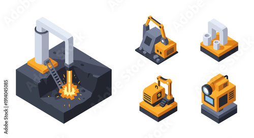 Isometric Industrial Machinery and Construction Equipment.