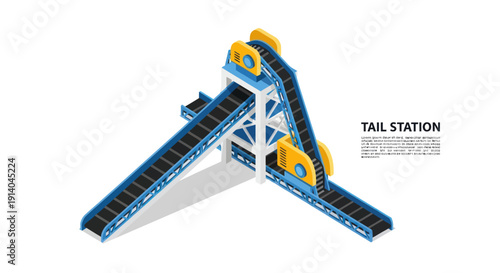 Industrial conveyor belt system with tail station and rollers.
