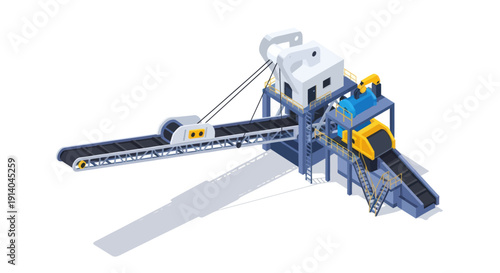 Industrial conveyor belt system with blue metal frame and yellow accents.