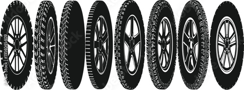 Car Tire and Wheel Icon Set with Different Automotive Tyre Tread Patterns and Rim Designs for Transport, Garage, and Vehicle Service Graphics